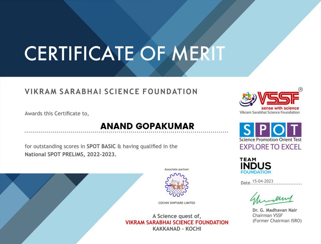 Certificate of Merit SPOT Basic (National Level) | Amrita Vidyalayam